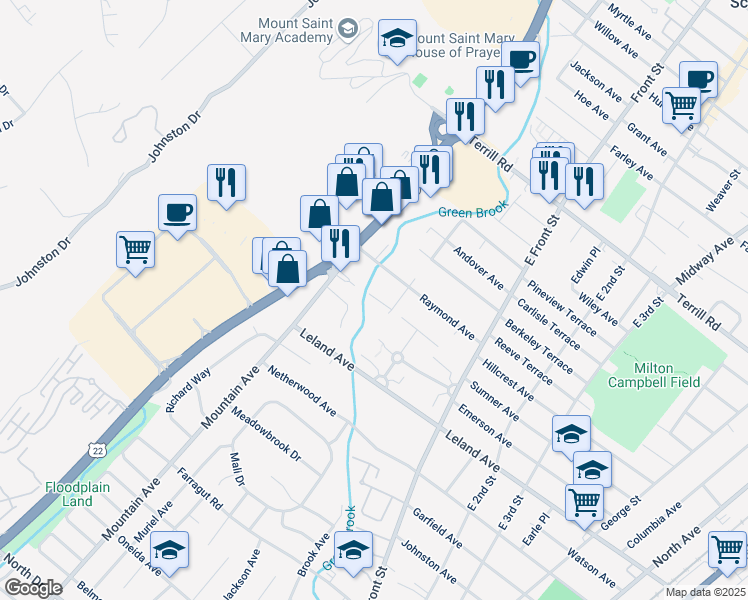 map of restaurants, bars, coffee shops, grocery stores, and more near 1255 Milton Place in Plainfield