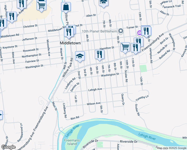 map of restaurants, bars, coffee shops, grocery stores, and more near 1650 4th Street in Bethlehem