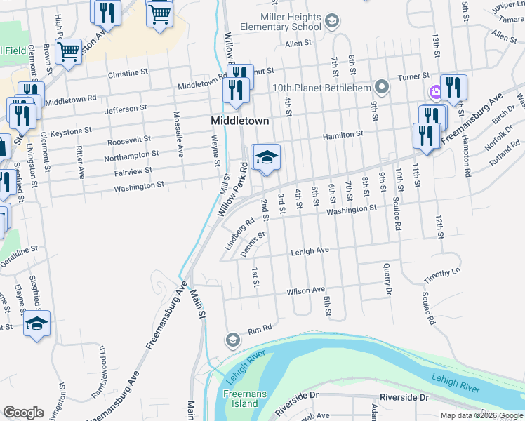 map of restaurants, bars, coffee shops, grocery stores, and more near 1687 Lindberg Road in Bethlehem