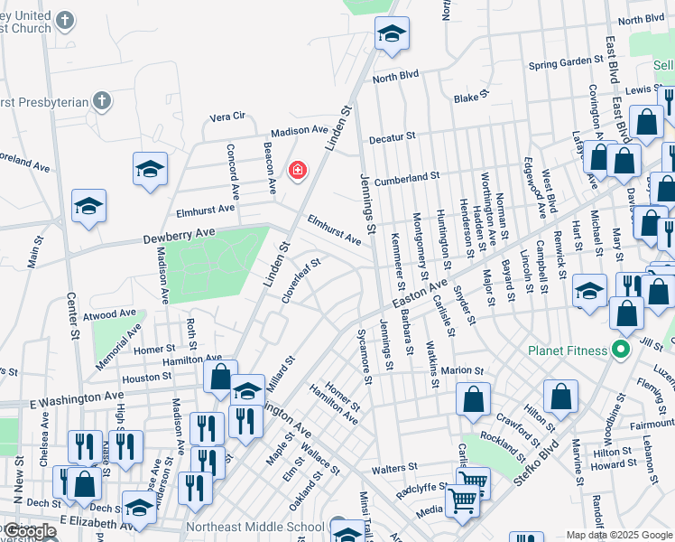 map of restaurants, bars, coffee shops, grocery stores, and more near 1848 Arlington Street in Bethlehem