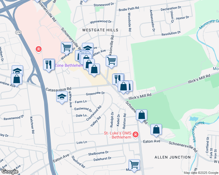 map of restaurants, bars, coffee shops, grocery stores, and more near 1348 Greenview Drive in Bethlehem