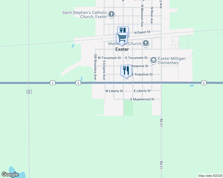 map of restaurants, bars, coffee shops, grocery stores, and more near 705 South Union Avenue in Exeter