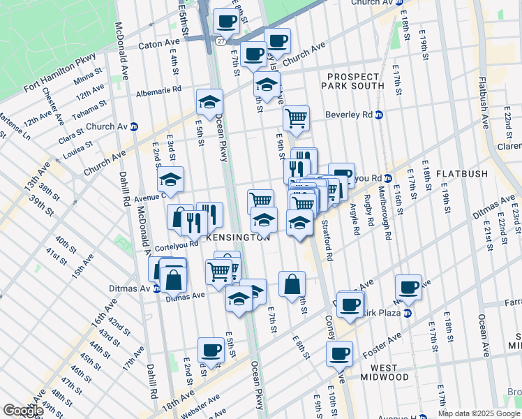 map of restaurants, bars, coffee shops, grocery stores, and more near 495 East 7th Street in Brooklyn