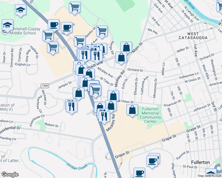 map of restaurants, bars, coffee shops, grocery stores, and more near 1230 Mickley Road in Fullerton