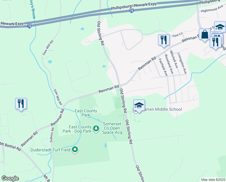 map of restaurants, bars, coffee shops, grocery stores, and more near 54 Reinman Road in Warren
