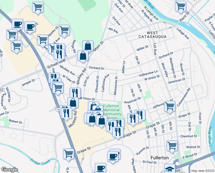 map of restaurants, bars, coffee shops, grocery stores, and more near 1236 Midway Road in Fullerton