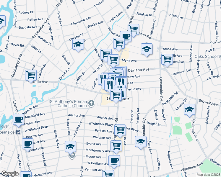 map of restaurants, bars, coffee shops, grocery stores, and more near 40 Atlantic Ave in Oceanside