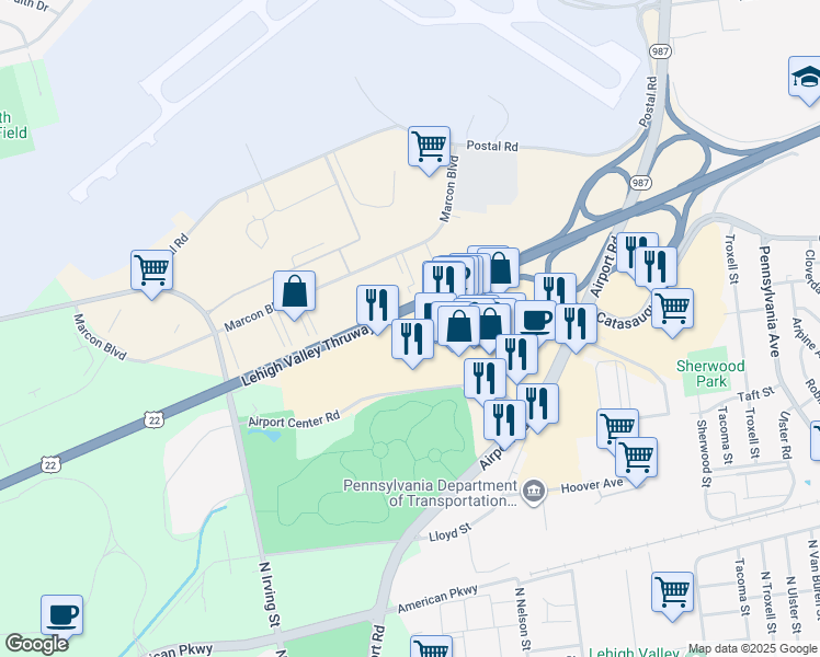 map of restaurants, bars, coffee shops, grocery stores, and more near in Allentown