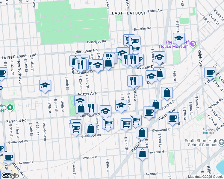 map of restaurants, bars, coffee shops, grocery stores, and more near 4702 Foster Avenue in Brooklyn