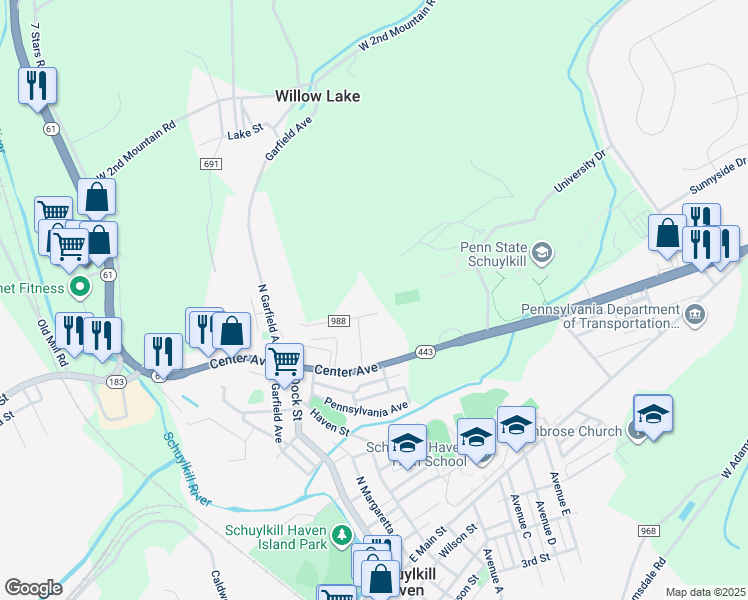 map of restaurants, bars, coffee shops, grocery stores, and more near 36 Center Avenue in Schuylkill Haven