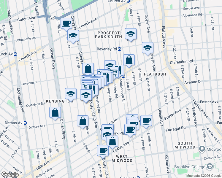 map of restaurants, bars, coffee shops, grocery stores, and more near 385 Argyle Road in Brooklyn