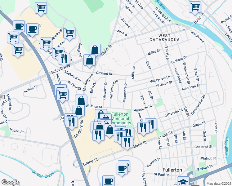 map of restaurants, bars, coffee shops, grocery stores, and more near 1236 Midway Road in Fullerton