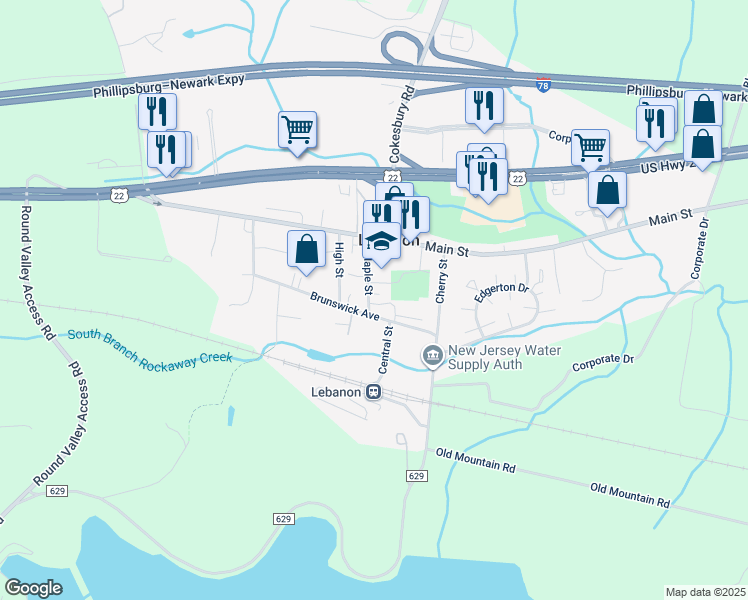 map of restaurants, bars, coffee shops, grocery stores, and more near 18 Maple Street in Lebanon