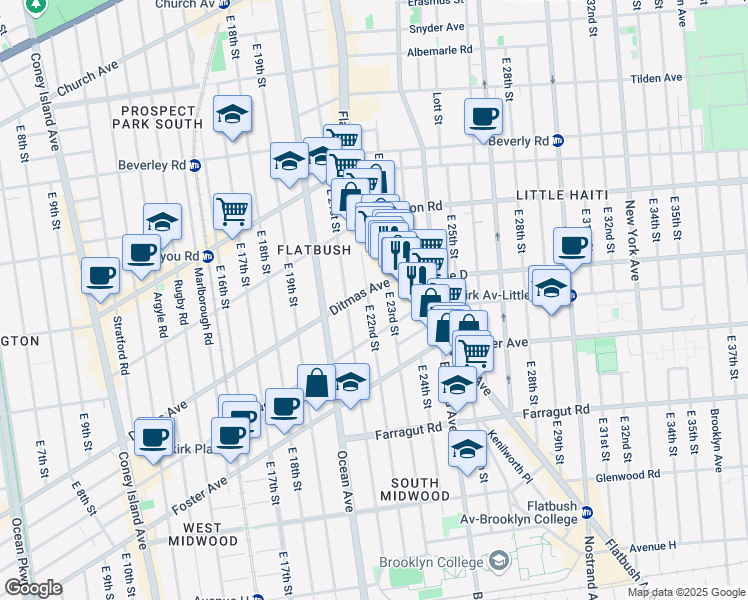 map of restaurants, bars, coffee shops, grocery stores, and more near 515 East 22nd Street in Brooklyn