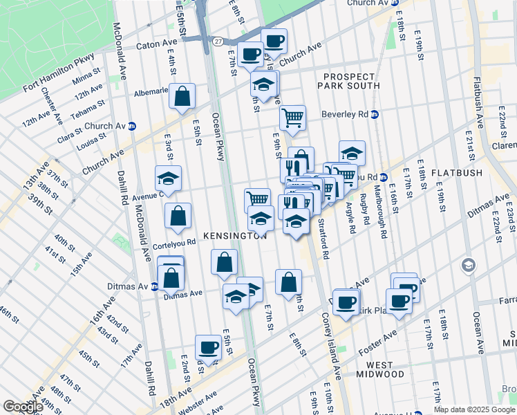 map of restaurants, bars, coffee shops, grocery stores, and more near 430 East 8th Street in Brooklyn