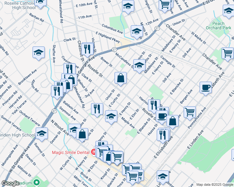 map of restaurants, bars, coffee shops, grocery stores, and more near 552 East Curtis Street in Linden