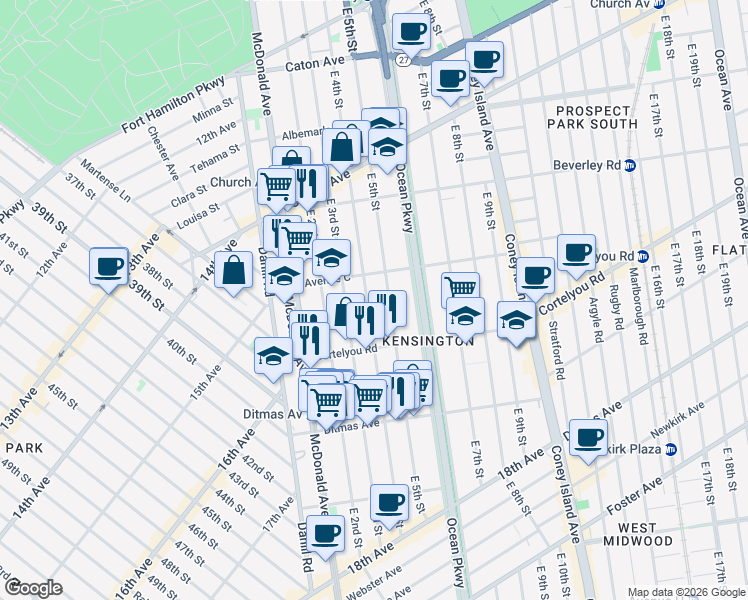 map of restaurants, bars, coffee shops, grocery stores, and more near 515 East 4th Street in Brooklyn