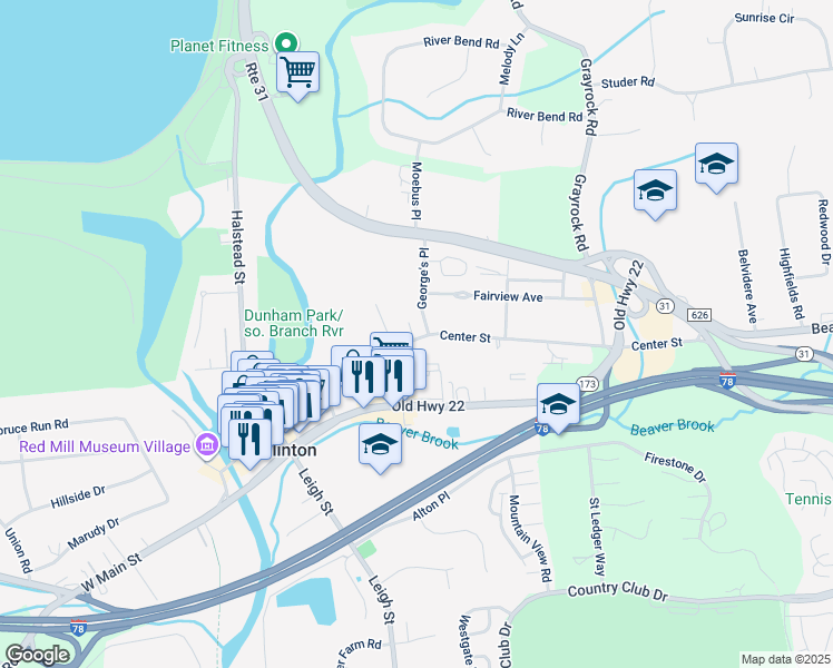 map of restaurants, bars, coffee shops, grocery stores, and more near 111 Center Street in Clinton