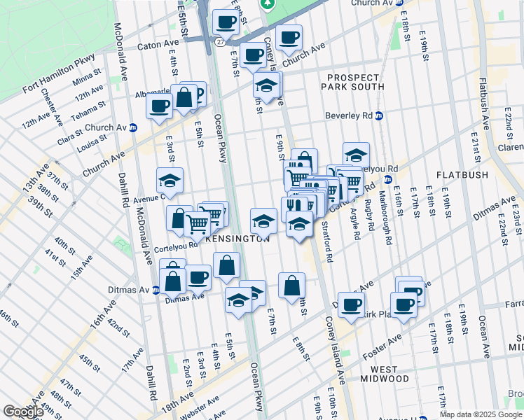 map of restaurants, bars, coffee shops, grocery stores, and more near 495 East 7th Street in Brooklyn