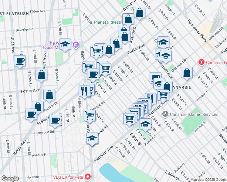 map of restaurants, bars, coffee shops, grocery stores, and more near 8124 Farragut Road in Brooklyn