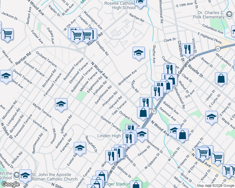 map of restaurants, bars, coffee shops, grocery stores, and more near 1415 North Wood Avenue in Linden