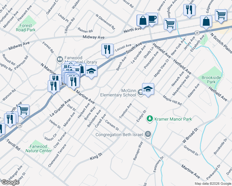 map of restaurants, bars, coffee shops, grocery stores, and more near 7 Clement Place in Fanwood