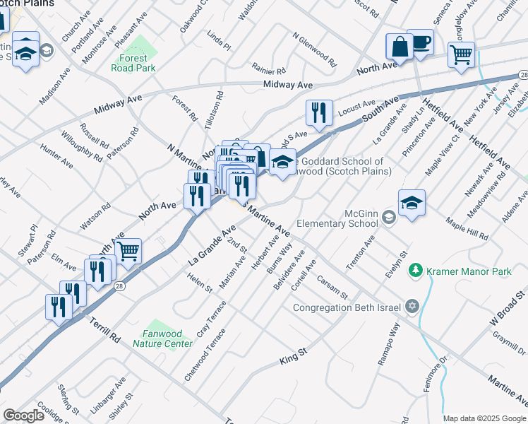 map of restaurants, bars, coffee shops, grocery stores, and more near 74 South Martine Avenue in Fanwood