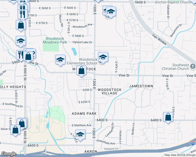 map of restaurants, bars, coffee shops, grocery stores, and more near 6129 South 1300 East in Murray