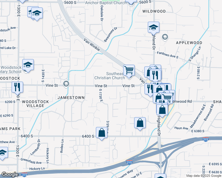map of restaurants, bars, coffee shops, grocery stores, and more near 1770 East Vine Street in Murray