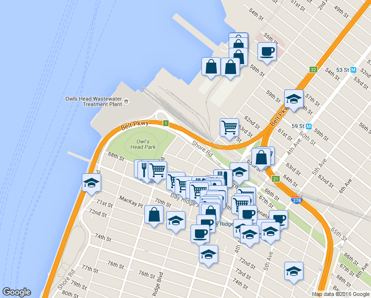 map of restaurants, bars, coffee shops, grocery stores, and more near 6645 Bergen Place in Brooklyn