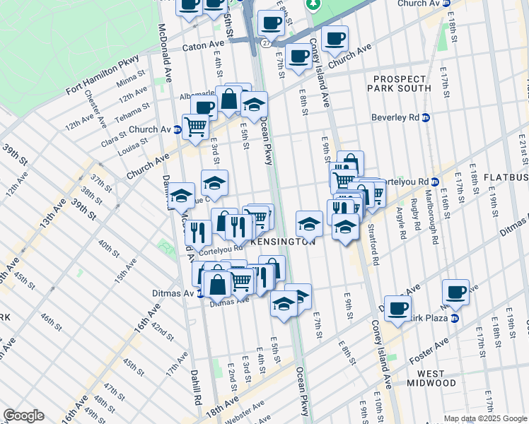 map of restaurants, bars, coffee shops, grocery stores, and more near 370 Ocean Parkway in Brooklyn