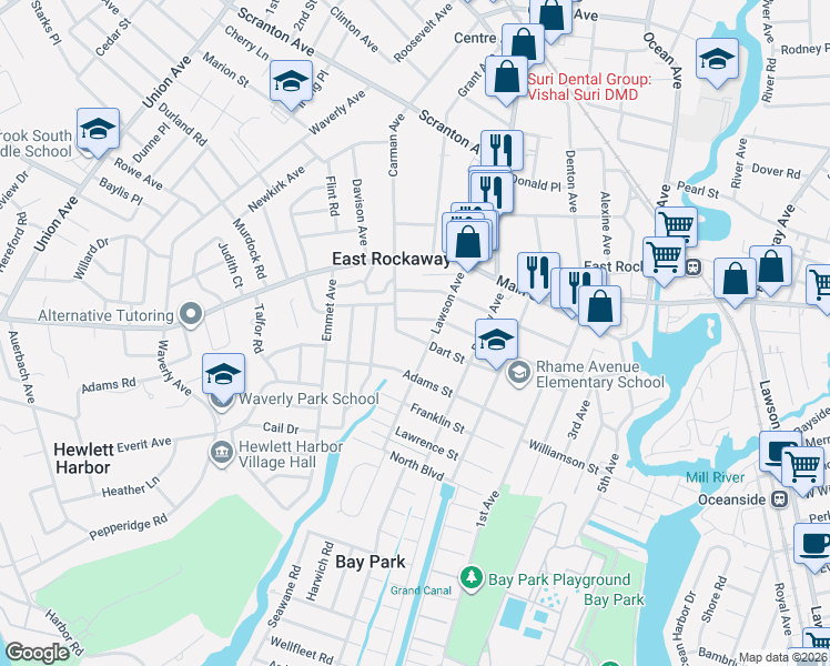 map of restaurants, bars, coffee shops, grocery stores, and more near 10 Dart Street in East Rockaway