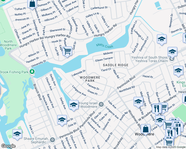 map of restaurants, bars, coffee shops, grocery stores, and more near 560 Woodmere Boulevard in Woodmere