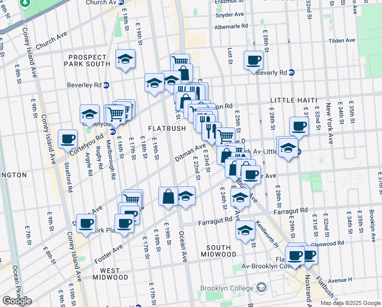 map of restaurants, bars, coffee shops, grocery stores, and more near 2116 Ditmas Avenue in Brooklyn