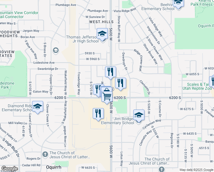 map of restaurants, bars, coffee shops, grocery stores, and more near 5627 Walnut Ridge Circle in Kearns