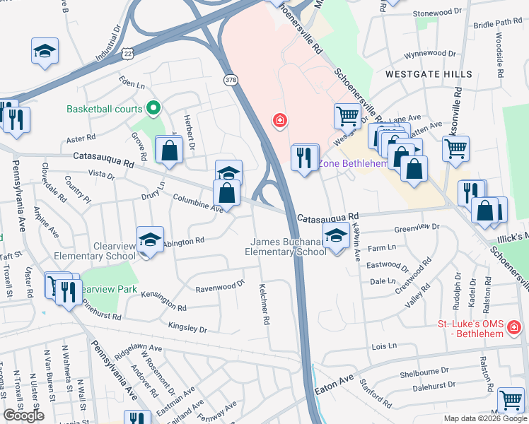 map of restaurants, bars, coffee shops, grocery stores, and more near 1745 Catasauqua Road in Bethlehem
