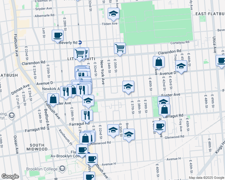 map of restaurants, bars, coffee shops, grocery stores, and more near 667 East 34th Street in Brooklyn