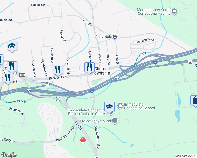 map of restaurants, bars, coffee shops, grocery stores, and more near Lower West Street in Hunterdon County
