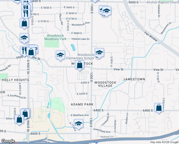 map of restaurants, bars, coffee shops, grocery stores, and more near 6142 1300 East in Murray