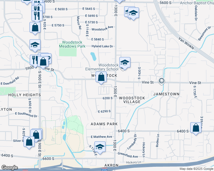 map of restaurants, bars, coffee shops, grocery stores, and more near 6140 Vine Park Drive in Murray