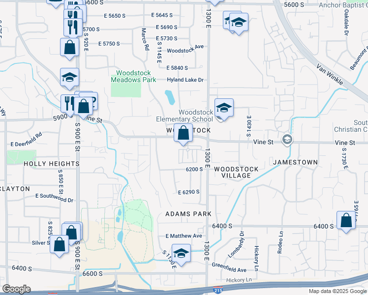 map of restaurants, bars, coffee shops, grocery stores, and more near 6140 Vine Park Drive in Murray
