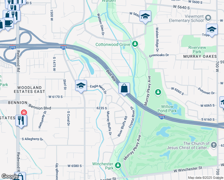 map of restaurants, bars, coffee shops, grocery stores, and more near 1192 Raton Lane in Murray