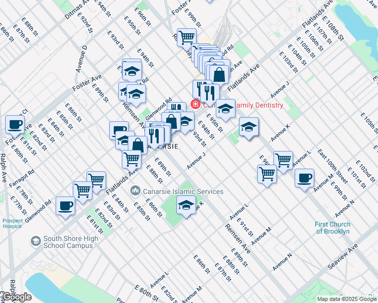 map of restaurants, bars, coffee shops, grocery stores, and more near 1229 East 91st Street in Brooklyn