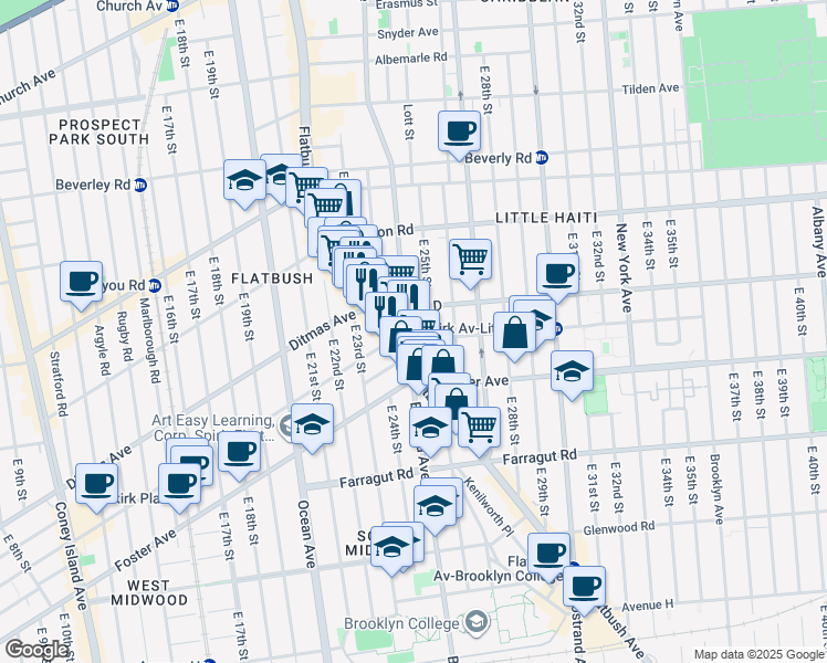 map of restaurants, bars, coffee shops, grocery stores, and more near 1267 Flatbush Avenue in Brooklyn