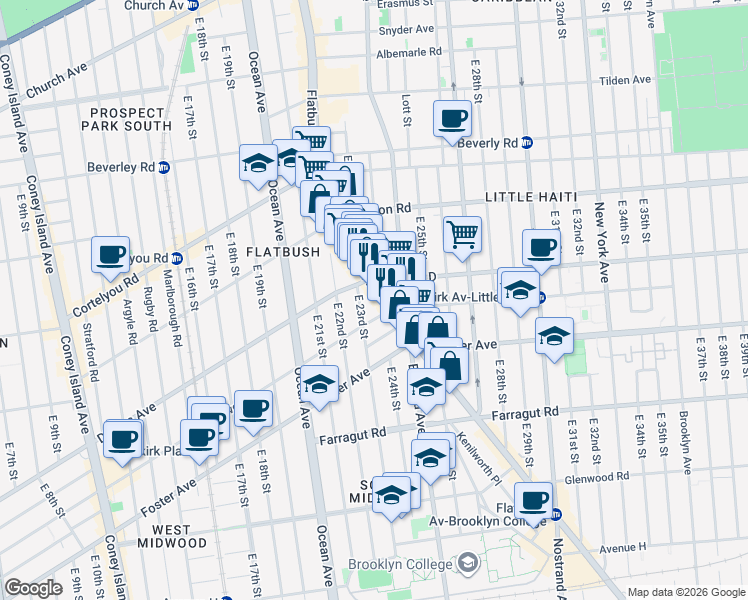 map of restaurants, bars, coffee shops, grocery stores, and more near 435 East 23rd Street in Brooklyn