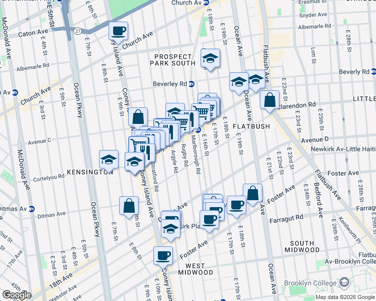map of restaurants, bars, coffee shops, grocery stores, and more near 427 Rugby Road in Brooklyn