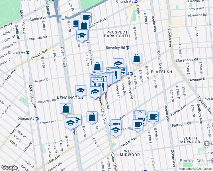 map of restaurants, bars, coffee shops, grocery stores, and more near 1022 Cortelyou Road in Brooklyn