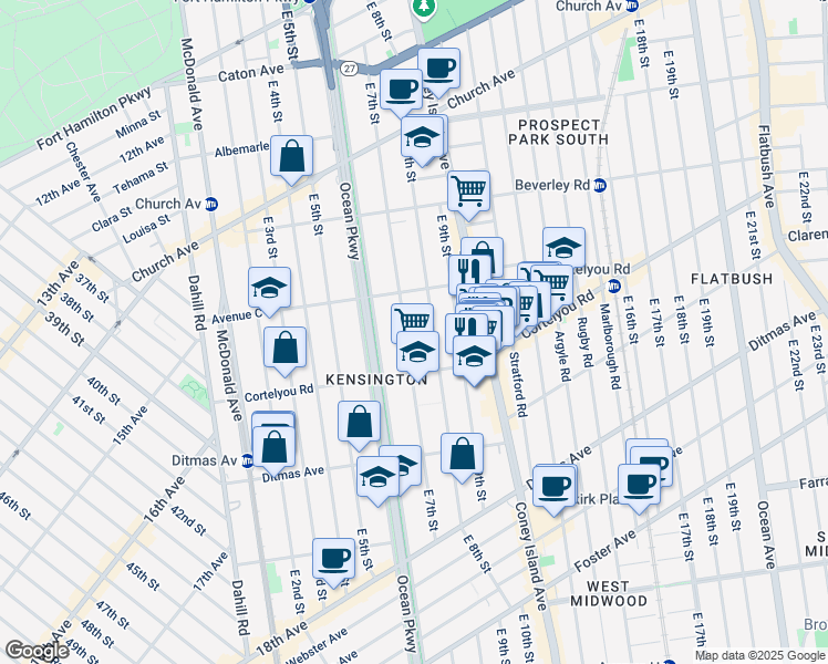map of restaurants, bars, coffee shops, grocery stores, and more near 430 East 8th Street in Brooklyn