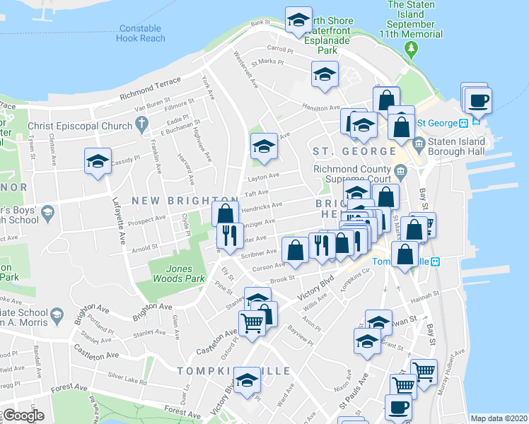 map of restaurants, bars, coffee shops, grocery stores, and more near 190 Benziger Avenue in Staten Island