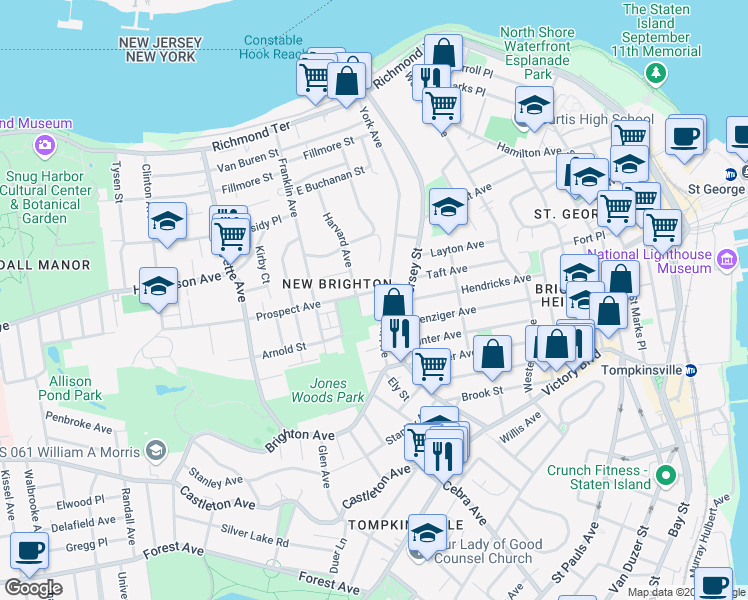 map of restaurants, bars, coffee shops, grocery stores, and more near 281 York Avenue in Staten Island